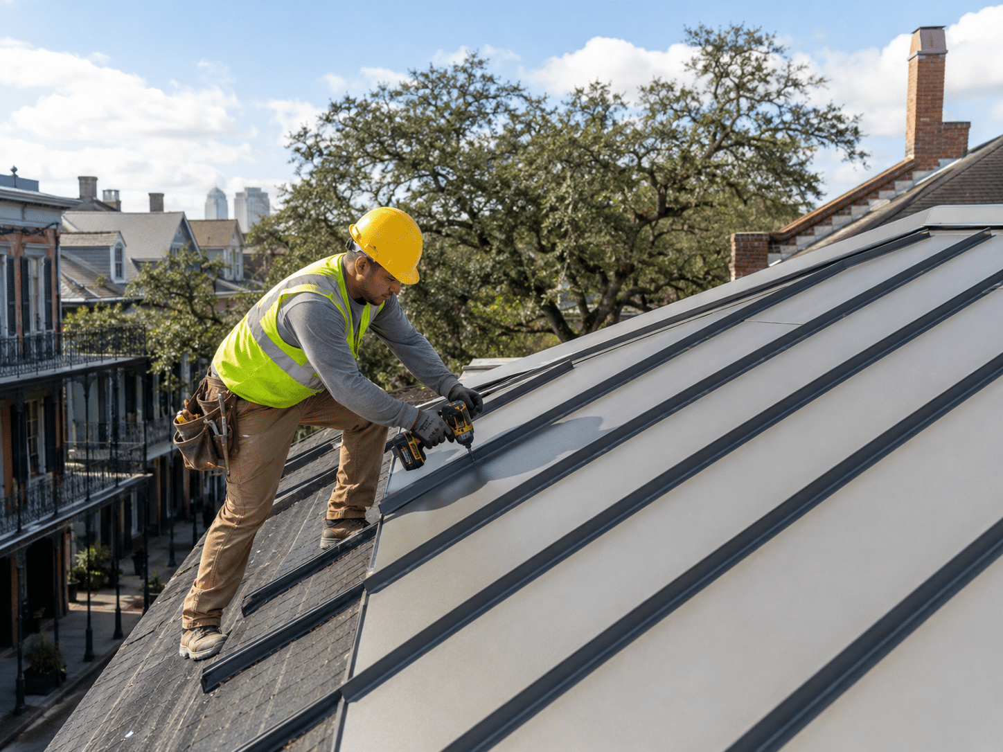 Rooftop worker in urban neighborhood